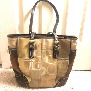 Gold and Brown Coach Patch Tote Bag